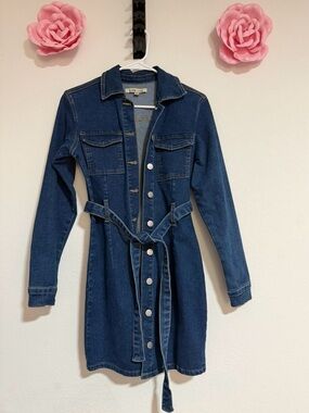 Love Cult Dark Blue Denim Long Sleeve Dress with Buttons, Belt, Pockets